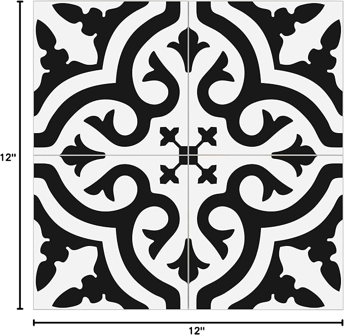 The Tiles Plaza Encaustic Peel and Stick Backsplash, Black and White Patterned Vintage Stick on Tiles, Stone Composite Self-Adhesive Wall Tile Sticker for Kitchen Bathroom Fireplace Stairs, 10 Sheets