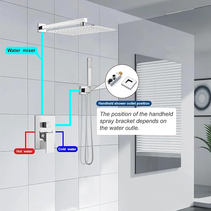 Midanya Shower Faucet Set with Handheld Sprayer,16 Inch,Polish Chrome | Rough-in Shower Valve and Trim Kit Included,Square Rain Head,Wall Mount Shower System,All Metal,Bathroom