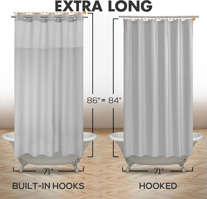 River Dream Extra Long No Hook Slub Textured Shower Curtain with Snap-in PEVA Liner Set - 71" x 86"(84"), Hotel Style with See Through Top Window, Grey Fabric Curtain & Waterproof Liner, Gray, 71x86 | 71W x 86H, Snap on/off Waterproof PEVA Liner, See T...