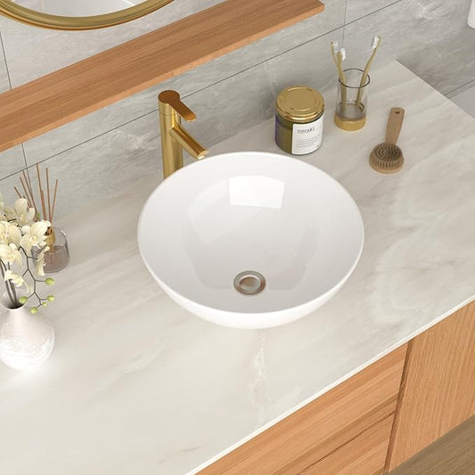 16''x16'' Vessel Sink - Round White Ceramic Porcelain Above Counter Bowl for Bathroom Vanity, Small Art Basin