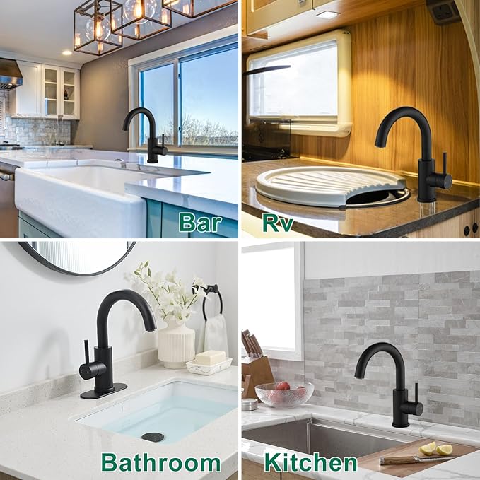 VOTON Bar Sink Faucet, Bathroom Kitchen 360° Rotatable Faucet, Matte Black Single Hole Bathroom Faucets Modern Small Mini Kitchen Bath Utility Vanity Outdoor Lavatory Faucets