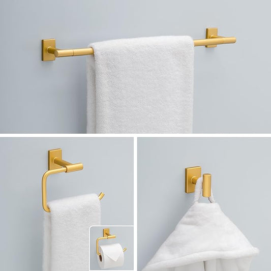 Franklin Brass Hartwell 3-Piece Bathroom Set Satin Gold 18" + 6" Towel Rack, Toilet Paper Holder/Hand Towel Holder, Hook | 3-Piece Bath Hardware Accessories Set HRT63-SG