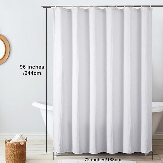 OVZME Extra Long White Shower Curtain Set- 96 Inch Long Waffle Weave Heavy Duty Fabric Shower Curtains for Bathroom, Luxury Heavy Duty Thick Cloth Shower Curtain with 12 Plastic Hooks, 72x96, White