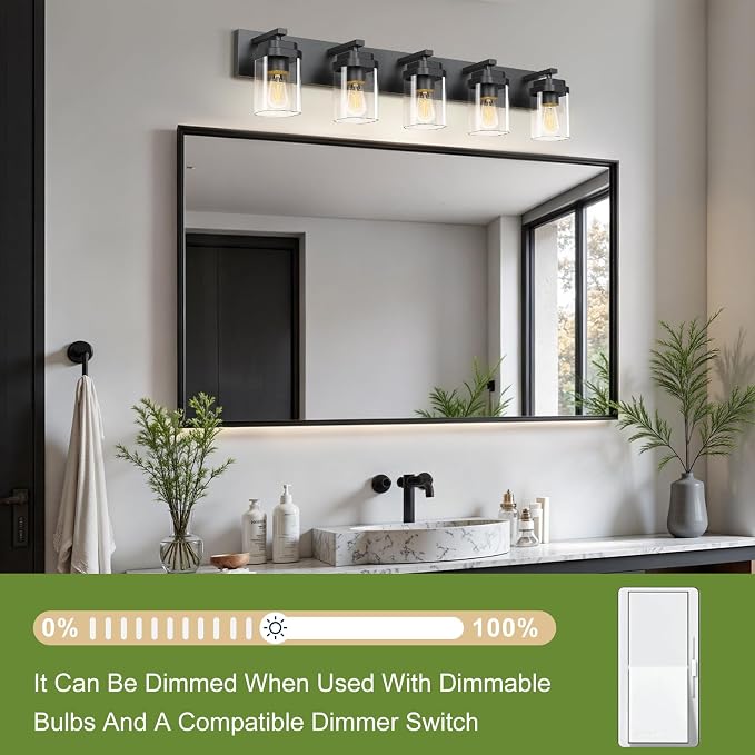 Black Bathroom Light Fixtures, 5 Lights Bathroom Lighting Fixtures Over Mirror, Square Design & Rectangle Large Backplate, Modern Vanity Lighting Fixtures, for Bathroom/Living Room/Bedroom