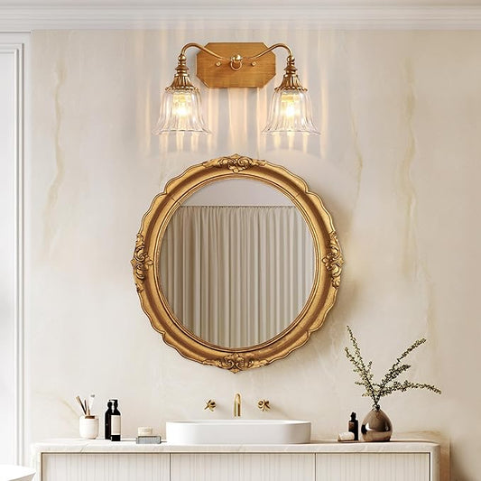 Bathroom Vanity Gold Light Fixture, 2 Lights Bathroom Lighting Matte Antique Brass Finish with Crystal Glass Shade, Gold Vintage Vanity Light for Bathrooms