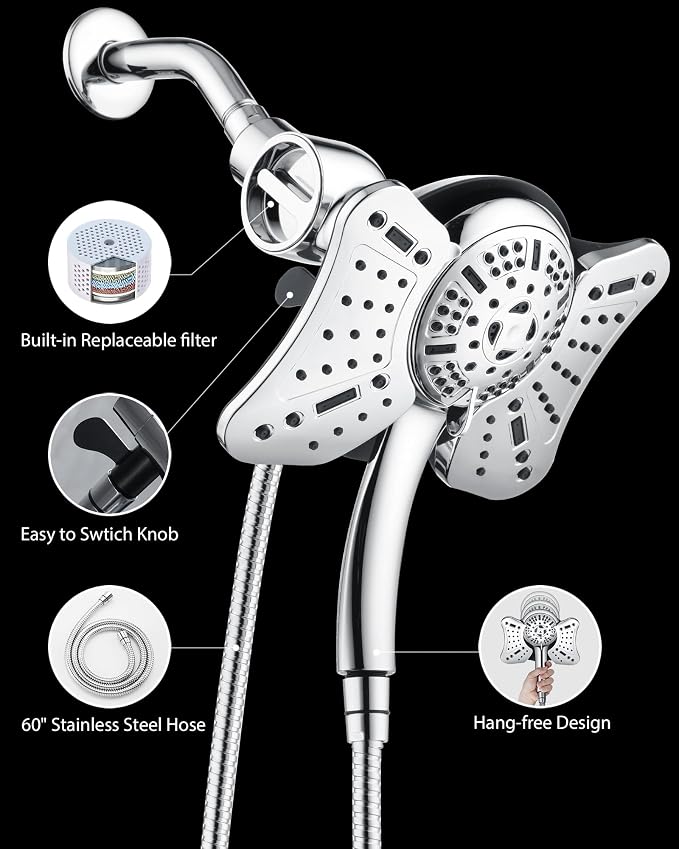 GRICH Shower Head with Handheld Spray - Dual High Pressure Showerhead | Rainfall Shower Heads Combo, Detachable Hand Shower, 9 Spray Settings, 60" Stainless Steel Shower Hose, 2.5GPM, Silver