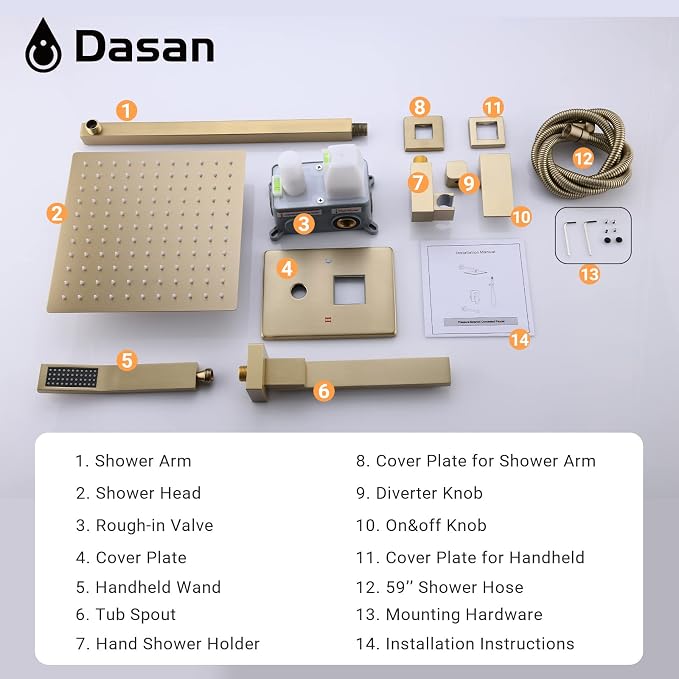 DASAN Tub Shower Faucets Sets Complete Brushed Gold Bathtub Shower System with Tub Spout, Bathtub Faucet Set Tub and Shower Faucet Combo Trim Kit with Rough-in Valve, DA-SS03BG-S10W