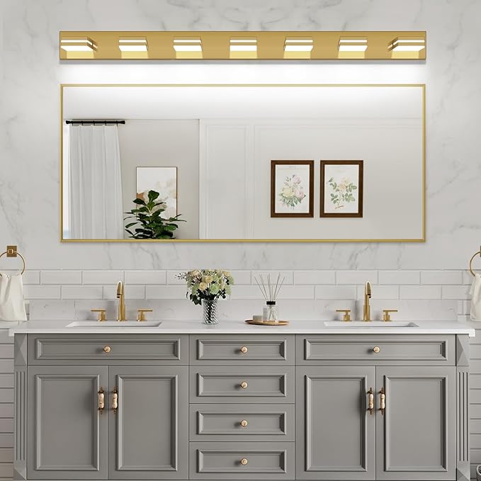 SineRise LED Modern Bathroom Vanity Light Fixtures, Modern Acrylic Bathroom Wall Lighting Fixtures Over Mirror, 7-Light, 55-Inch, Brass, 100%-0% White