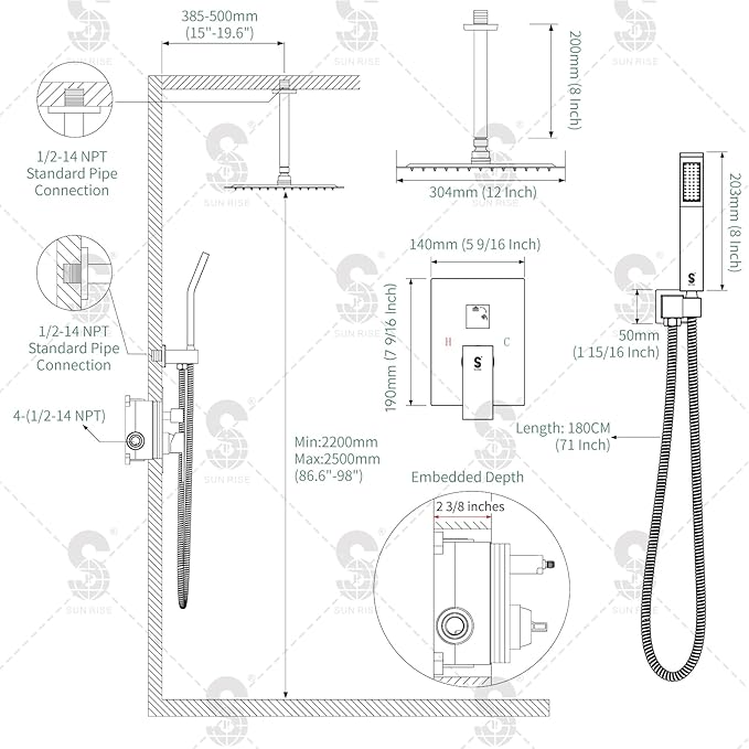 SR SUN RISE 12 Inch Oil Rubbed Bronze Shower System Brass Bathroom Luxury Rain Mixer Shower Combo Set Ceiling Mounted Rainfall Shower Head System Faucet Trim Repair Kits with Rough-In Valve and Trim