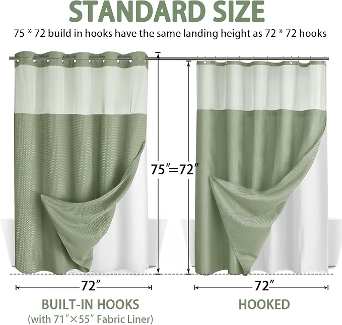 No Hook Shower Curtain with Liner Set Hotel Waffle Sage Green 72W X 75L | Washable Snap in Fabric Liner, Mesh Top Window, Waffle Hotel Style Shower Curtain Set