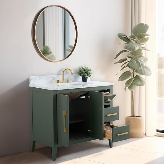 Vanity Art 36 inch Bathroom Vanity with Single Sink & Ceramic Top, Vanity Cabinet with Soft-Closing Doors, Drawers, Solid Wood Frame, Vintage Green, VA9036-VG-BN1