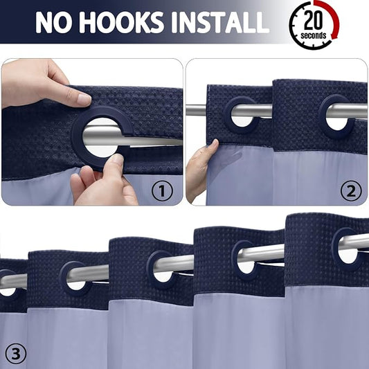 No Hook Shower Curtain with Liner Set Hotel Waffle Curtain Blue 72W X 75L | Washable Snap in Fabric Liner, Mesh Top Window, Waffle Hotel Style Shower Curtain Set