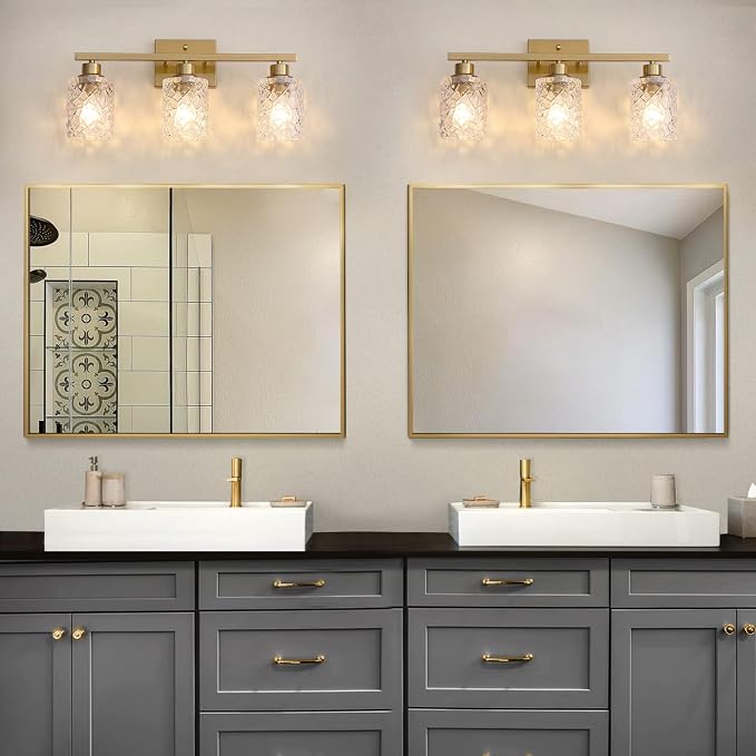 Mecgirn Stainless Steel Bathroom Vanity Light Over Mirror, 3 Light Brushed Gold Bathroom Light Fixtures with Textured Glass Shades,Ceramic E26 Sockets Wall Mounted Vanity Lights for Bathroom