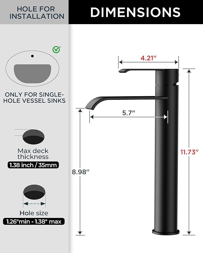 FORIOUS Black Bathroom Vessel Sink Faucet One Hole with Pop up Drain and 24 Inch CUPC Supply Hose, Waterfall Single Handle Matte Black Bathroom Faucet 1 Hole RV, Tall Basin Sink Tap