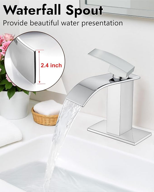 Midanya Bathroom Faucet with Waterfall Spout, Single Hole or 3-Hole Deck Mount, 304 Stainless Steel Sink Faucet with Pop-Up Drain, RV Vanity Compatible,Polish Chrome