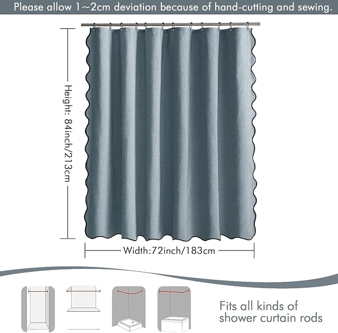 MIULEE 72"x84" Extra Long Scalloped Linen Shower Curtain Dusty Blue | Linen Textured, Waterproof, Washable, 12 Metal Hooks, Heavy Duty Cloth, Black Border, Shower Curtain for Bathroom Bathtub
