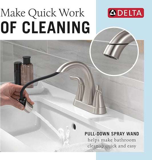 Delta Arvo Centerset Brushed Nickel Bathroom Faucet with Sprayer, 4 Inch 3 Hole Bathroom Sink Faucet with Pull Out Sprayer, Push-Pop Drain, SpotShield Brushed Nickel 25840LF-SPPD