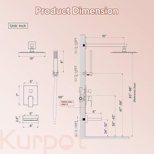 Brushed Gold Shower System, All Metal Gold Shower Faucet Set with Tub Spout, 10'' Gold Shower Head with Handheld, 59'' Shower Hose, Shower Valve and Diverter, Wall Mounted Bath Tub Faucet Set