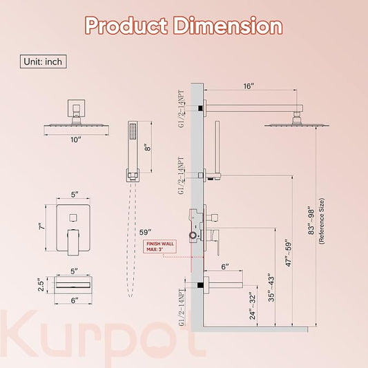 Kurpot Brushed Gold Shower System, All Metal Gold Shower Faucet Set with Tub Spout, 10'' Gold Shower Head with Handheld, 59'' Shower Hose, Shower Valve and Diverter, Wall Mounted Bath Tub Faucet Set