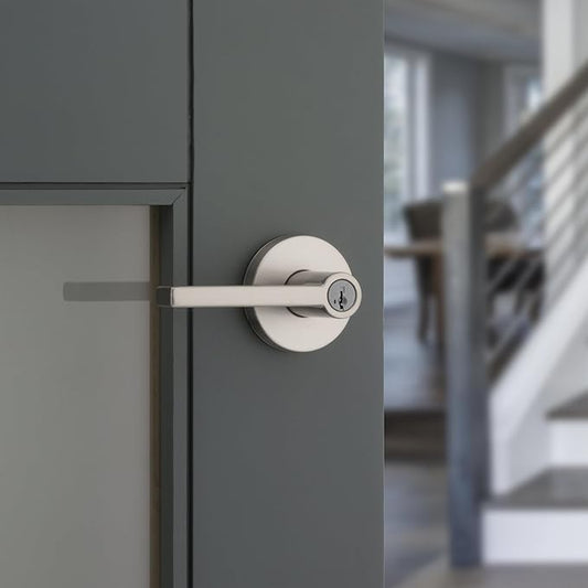 Kwikset Halifax Entry Door Handle with Lock and Key, Secure Keyed Reversible Lever Exterior, for Front Entrance and Bedrooms, Satin Nickel, 4 Pack, Pick Resistant SmartKey Rekey Security and Microban