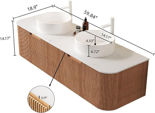 Yayzy 60" Floating Bathroom Vanity with Sink, Solid Wood Fluted Cabinet, White Round Ceramic Basin & Faux Marble Top, Soft-Close Drawer, Pre-Assembled, Natural Woodgrain