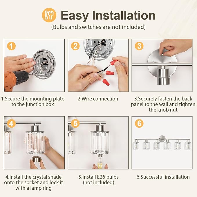Modern Gold Crystal Bathroom Light Fixtures,6-Light | Bathroom Lighting Fixtures over Mirror,Vanity Lights for Mirror, Restroom(Ceramic E26 Socket,Bulbs Not Include)