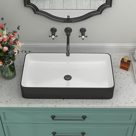 Bathroom Vessel Sink - Beslend 24x14 Inch Rectangular Modern Above Counter Ceramic Porcelain Vessel Sink White and Black Art Basin