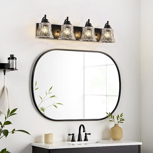 Black Bathroom Vanity Light Fixture, Bathroom Light Fixtures Over Mirror, 4 Lights Black Bathrooms Lighting,Matte Antique Finish with Crystal Glass Shade, Vintage Vanity Light for Bathrooms