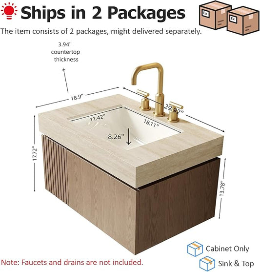 Ambrovina 30" Floating Bathroom Vanity with Sink, Modern Storage Vanities with Drawer and Door, Roma Travertine Top and 3 Pre-drilled Faucet Holes Ceramic Basin, Pre-Assembled Cabinet, Light Brown