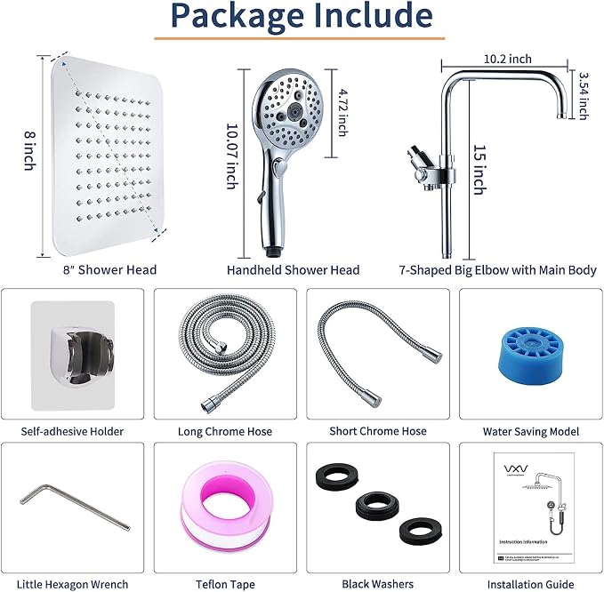 VXV Rainfall Shower Head Combo, 8'' High Pressure Rain Shower Head with 6 Function Handheld Spray, Dual Shower Head Combo with Adjustable Slide Bar, Chrome