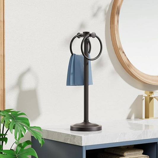 Hoimpro Hand Towel Holder Stand Bathroom Countertop Towel Bar Rack Black | Matte Black, Freestanding, Free Standing Towel Ring Hanger for Vanity Counter Kitchen Accessories, Stainless Steel