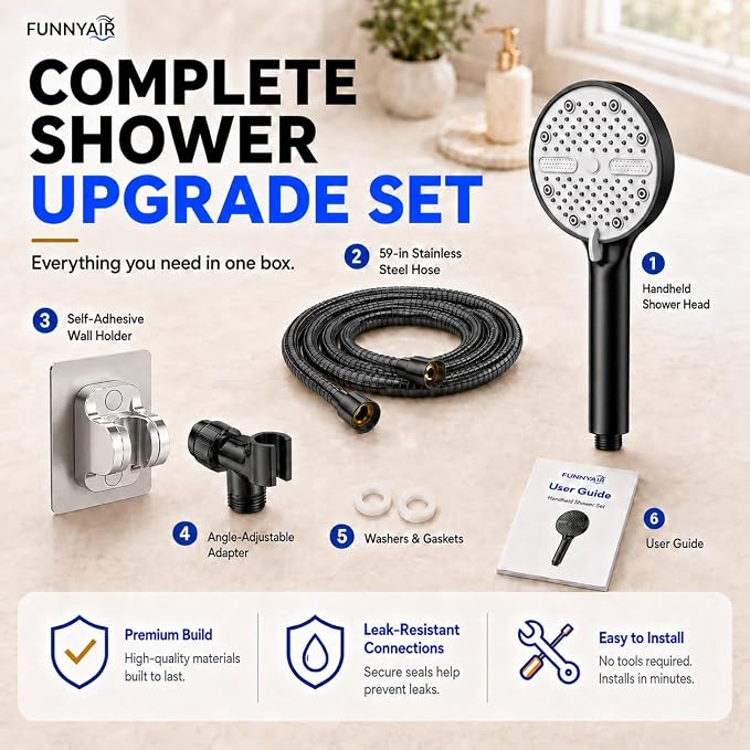 High Pressure Shower Head, Stick-on Low Mount Wall Bracket, Black | 5 Spray Modes, Water-Saving, 360° Adjustable Bracket, For Low Water Pressure Home, RV, Bathroom, Fix Firmly Kid-Friendly