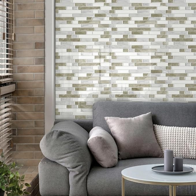 10 Sheets Thick Peel and Stick Kitchen Backsplash Tiles | 3D Waterproof Self Adhesive Wall Tile Stick on Backsplash for Kitchen,Bathroom and Fireplace(Beige&White,12"×12")