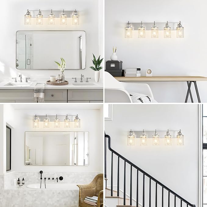 5-Light Brushed Nickel Bathroom Light Fixture Over Mirror Modern Bathroom Vanity Light Vintage Wall Lighting with Clear Glass Shade for Bathroom, Bedroom, Hallway, Cabinet