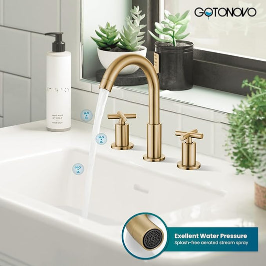 gotonovo 3 Hole Bathroom Faucet 8 inch Widespread Sink Vanity Faucet for Bathroom Sink 2 Cross Handle Deck Mount Basin with Pop Up Drain 360ยฐ Swivel Spout Brushed Gold