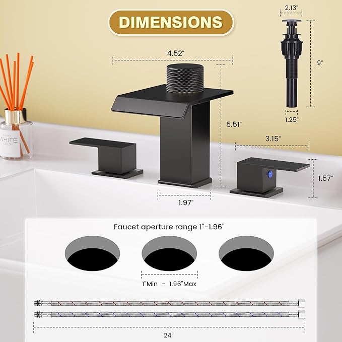 Bathroom Faucet 3 Hole, Black Bathroom Sink Faucet with Filter, 8 Inch Widespread Waterfall Bathroom Faucet with Metal Pop-Up Drain and Supply Hoses, Perfect for Vanity, Restroom, Sink, Rv