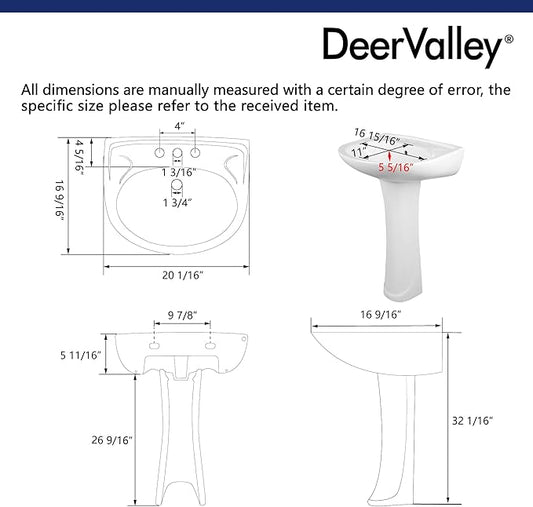 DeerValley Ally 20x17 Inch U-Shape White Ceramic Pedestal Sink, 3-Hole Faucet Configuration with Overflow, DV-1P52503