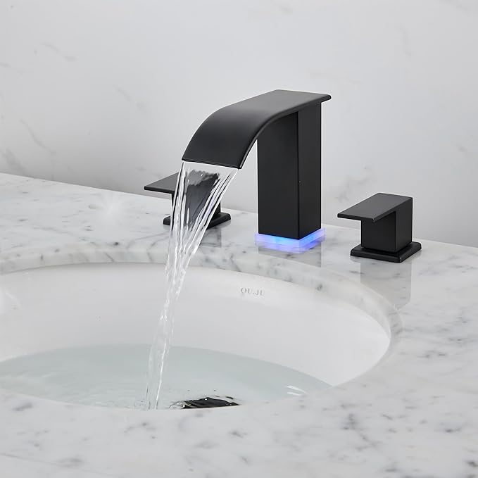 Bathroom Faucet 3 Hole, Matte Black Waterfall Bathroom Faucets, 8 Inch Widespread Modern Bathroom Sink Faucet & Parts, Wide Spread Touch On Three Hole 2 Handle Bathroom Vanity Faucet