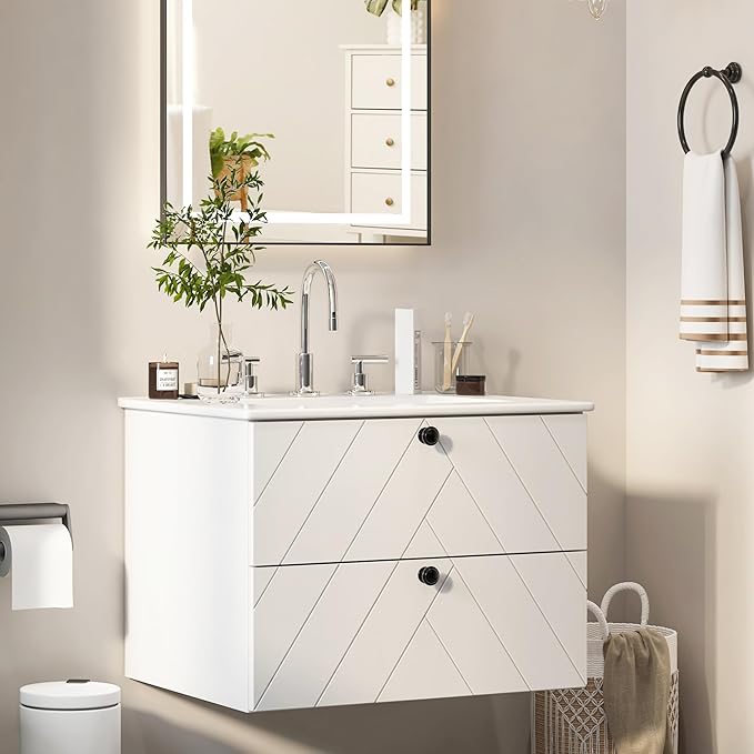 24 inch Bathroom Vanity with Sink, Floating Bathroom Vanity, Wall Mount & 2 Soft-Close Drawers, Modern Floating Vanity with Ceramic Sink, White