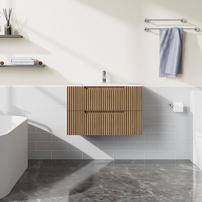 30” Wall Mounted Bathroom Vanity with Sink Floating Bathroom Cabinet Sink Combo, Soft-Close System, 2 Extra Big Drawers, Walnut