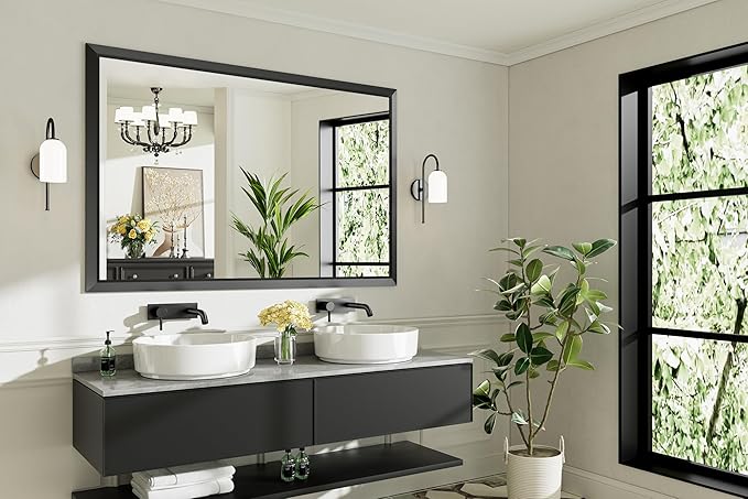 Black Metal Framed Bathroom Wall Mirror, 60x40 Inch | Anti-rust, HD tempered glass, for bathroom vanity, bedroom, living room, horizontal or vertical mount