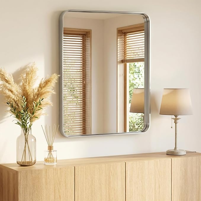 Sweetcrispy Bathroom Mirror 36x28 Inch, Vanity Mirror for Wall | Metal Framed Rounded Rectangle, Over Sink, Farmhouse, Restroom, Anti-Rust, Horizontal or Vertical Hanging, Silver