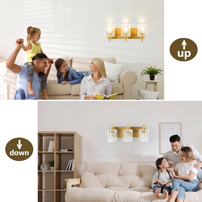 Brushed Gold 3-Light Bathroom Vanity Light with Glass Shade | Luxury Brushed Gold Finish & Sparkling Crystal Glass. Hardwired, Fits E26 Bulbs (Max 60W). Easy to install