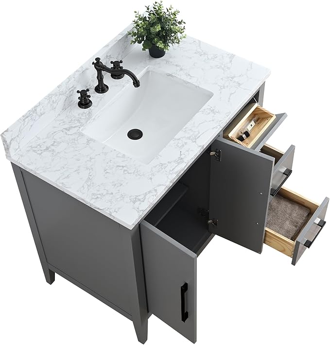 HomeBeyond 36 Inch Bathroom Vanity with Sink & Ceramic Top, Single Vanity Cabinet with Basin, Soft-Closing Doors & Matte Black Hardware, Grey