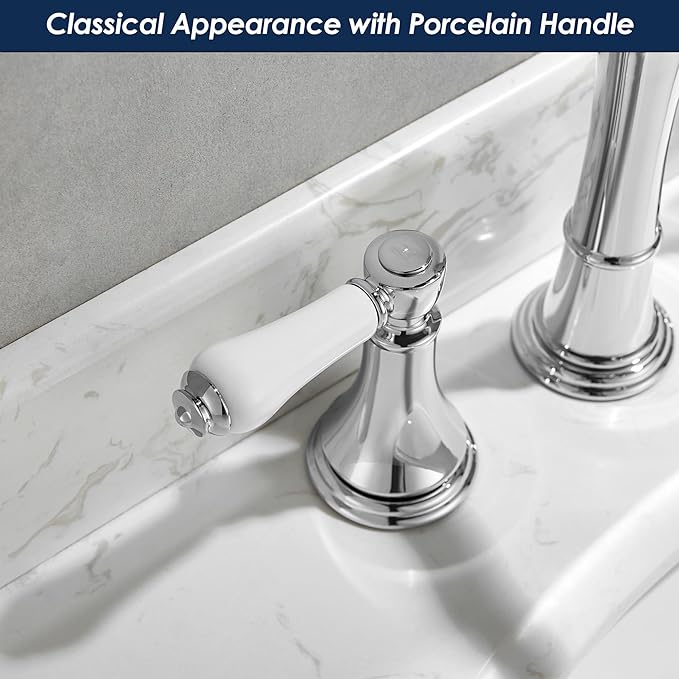 Porcelain 2-Handle Chrome Bathroom Faucets 8 inch Widespread for 3 Holes with Plastic Pop-Up Drain & 2Pcs Water Supply Lines, Classic Chrome Bathroom Vanity Sink Faucet, Brass Swivel Spout