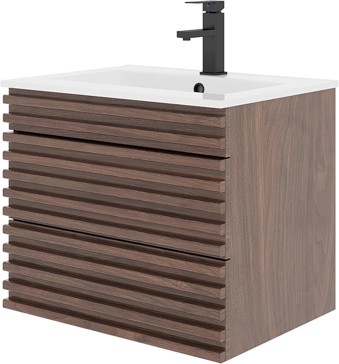 LUCKWIND 24" Floating Bathroom Vanity with Sink, Mid-Century Wall Mounted Big Drawer Cabinet with Ceramic Sink, Water Saving Faucet and Wood Stripes Style, Walnut