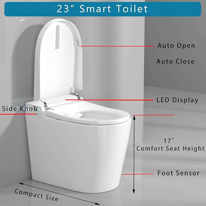 WinZo 23" Compact Smart Toilet with Bidet Seat Built-in For Small Bathroom, Auto Flush, LED Night Light,Heated Bidet with Warm Air Drying (White with Black Panel) (12'' Rough-in White)