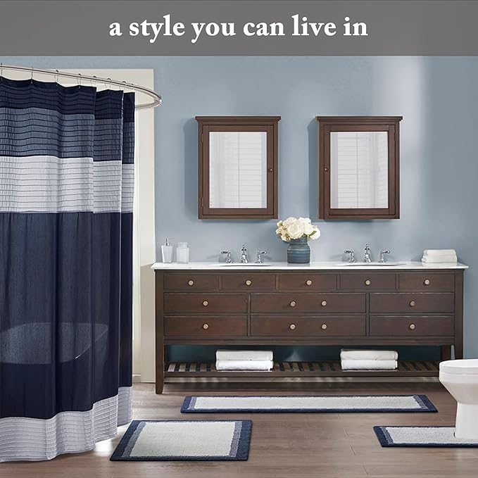 Madison Park Amherst Bathroom Shower Curtain Faux Silk Pieced Striped Modern Microfiber Bath Curtains, 72x72 Inches, Black