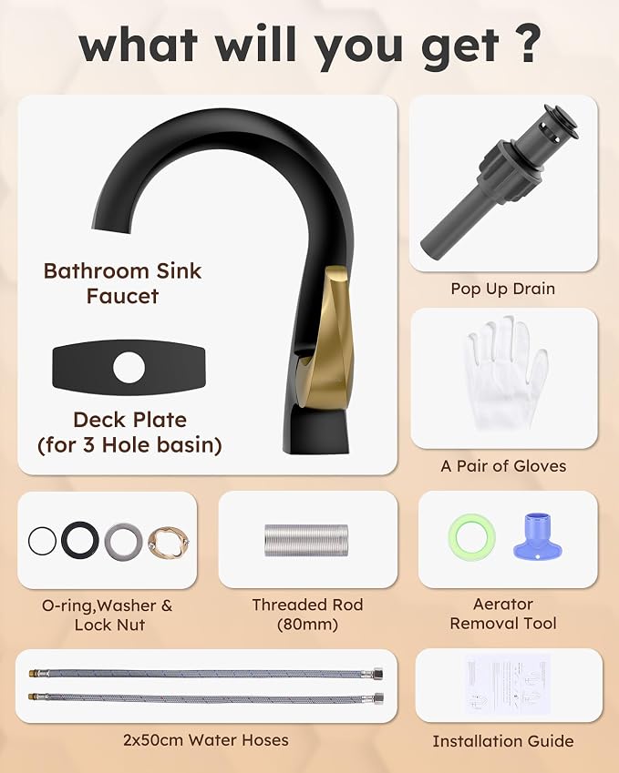WOWOW Single Handle Bathroom Faucet 1 Hole High Arc Bathroom Basin Faucet Black and Gold with Pop-up Drain, Solid Brass Commercial Bathroom Sink Basin Vanity Bar Faucet (Patented Product)