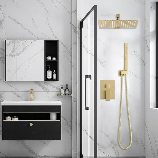 RUMOSE Shower Faucet Set Bathroom Rain Shower Head with Handheld, Gold | 12 Inch Rainfall Shower System with Rough-in Valve, High Pressure, 2 in 1 Handheld, Brass, Wall Mount